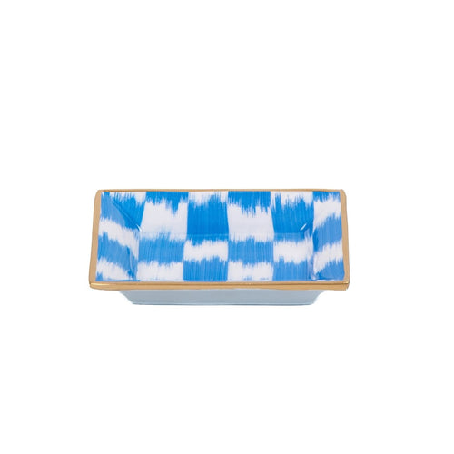 Checkered Ikat Blue Enameled Rectangle Catch All Tray, Jewelry Tray for Bathroom, Vanity - Decorative Landry Tray - Trinket Trays from Jaye's Studio