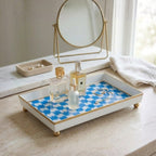 Checkered Ikat Blue Enameled Rectangle Vanity Tray for Bathroom, Vanity, Bedroom - Oliver Decorative Tray - Serving Trays from Jaye's Studio