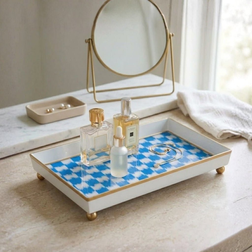 Checkered Ikat Blue Enameled Rectangle Vanity Tray for Bathroom, Vanity, Bedroom - Oliver Decorative Tray - Serving Trays from Jaye's Studio