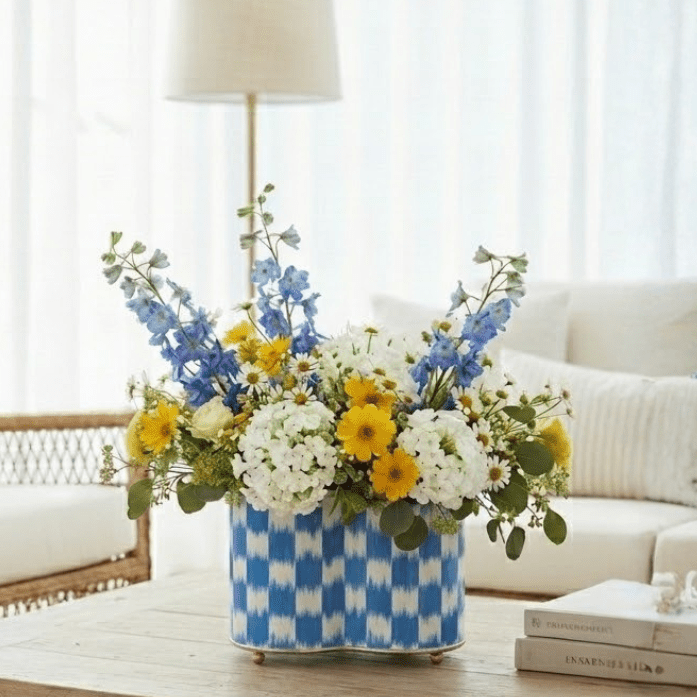 Checkered Ikat Blue/ Light Blue Quatrefoil Metal Cachepot Planter For Bedroom, Office, Kitchen and Living Room - Cachepots from Jaye's Studio