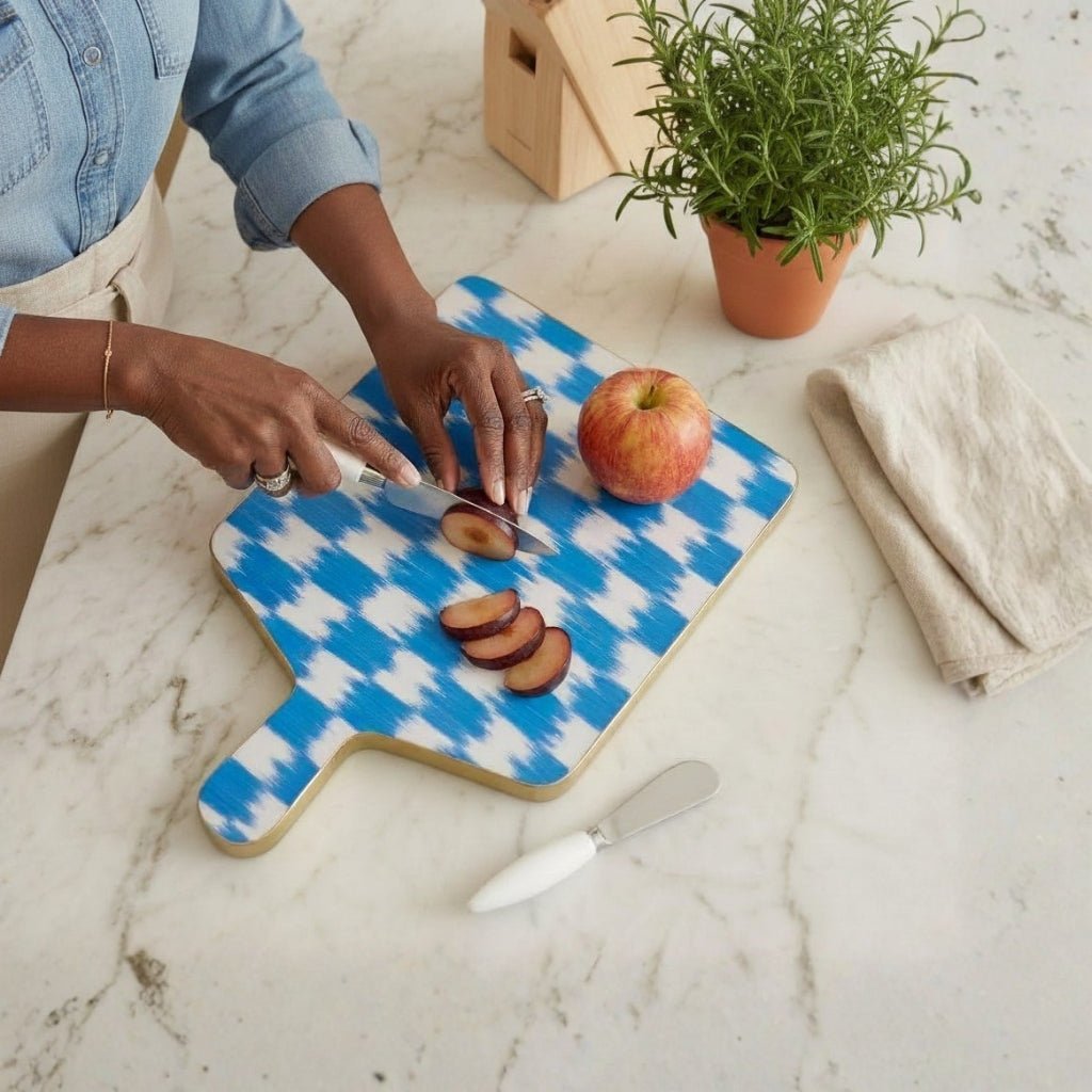 Checkered Ikat Enameled Blue, Light Blue Charcuterie Board, Wooden Cutting Board, Serving and Chopping Board for Food & Meat Prep - Charcuterie Board from Jaye's Studio