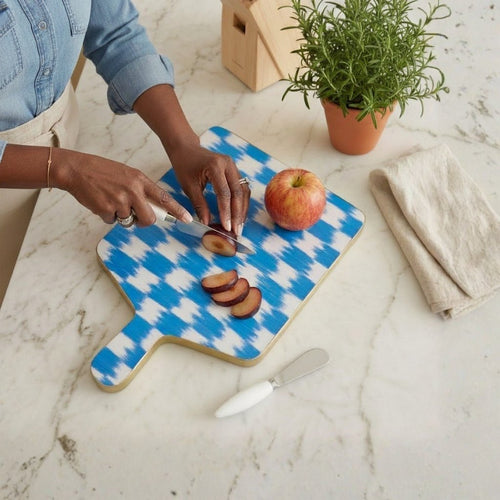 Checkered Ikat Enameled Blue, Light Blue Charcuterie Board, Wooden Cutting Board, Serving and Chopping Board for Food & Meat Prep - Charcuterie Board from Jaye's Studio