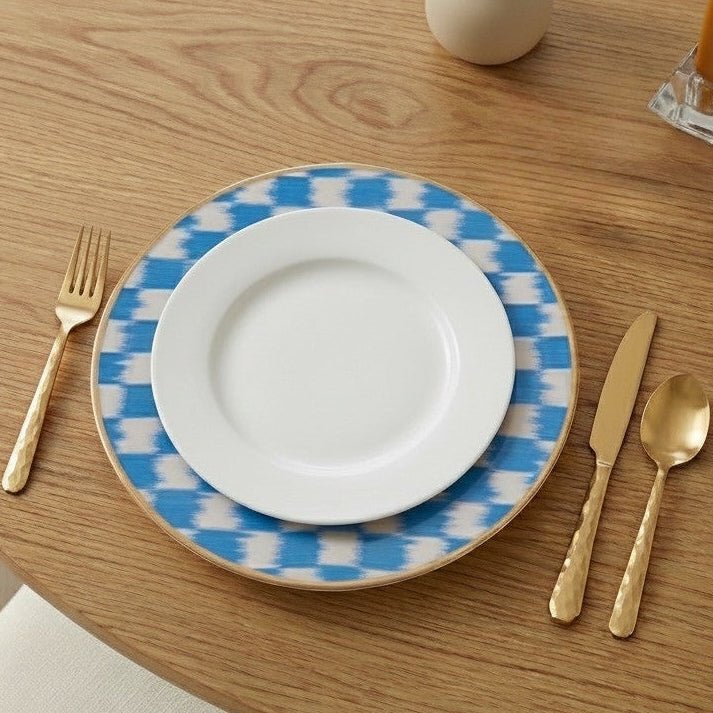 Checkered Ikat Enameled Blue / Light Blue Charger Plate For Dinnerware, Place settings, Entertaining, Table Top (Pack of 4) - Decorative Plates from Jaye's Studio