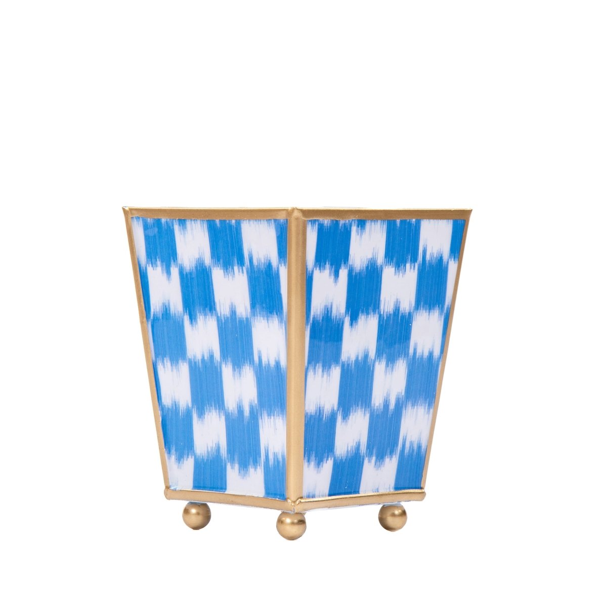 Checkered Ikat Enameled Blue / Light Blue Square Metal Cachepot Planter for Bedroom, Office, Kitchen, Living Room - Hostess Gifts - Cachepots from Jaye's Studio