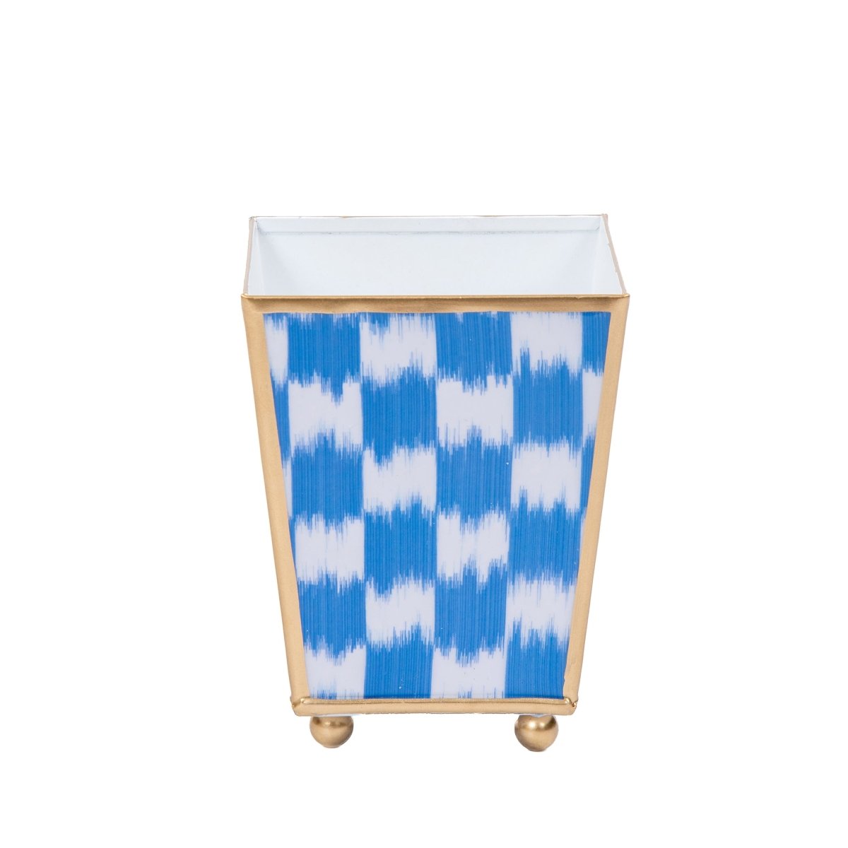 Checkered Ikat Enameled Blue / Light Blue Square Metal Cachepot Planter for Bedroom, Office, Kitchen, Living Room - Hostess Gifts - Cachepots from Jaye's Studio