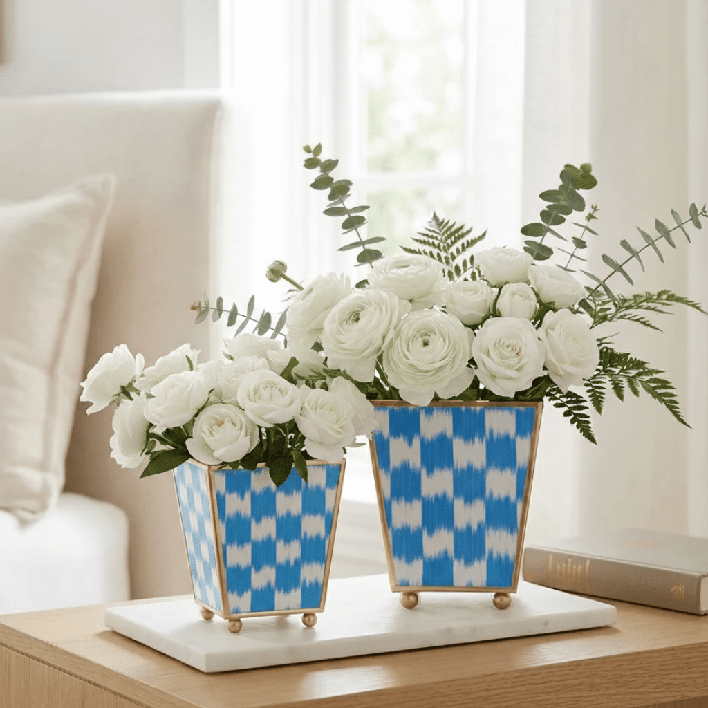Checkered Ikat Enameled Blue / Light Blue Square Metal Cachepot Planter for Bedroom, Office, Kitchen, Living Room - Hostess Gifts - Cachepots from Jaye's Studio