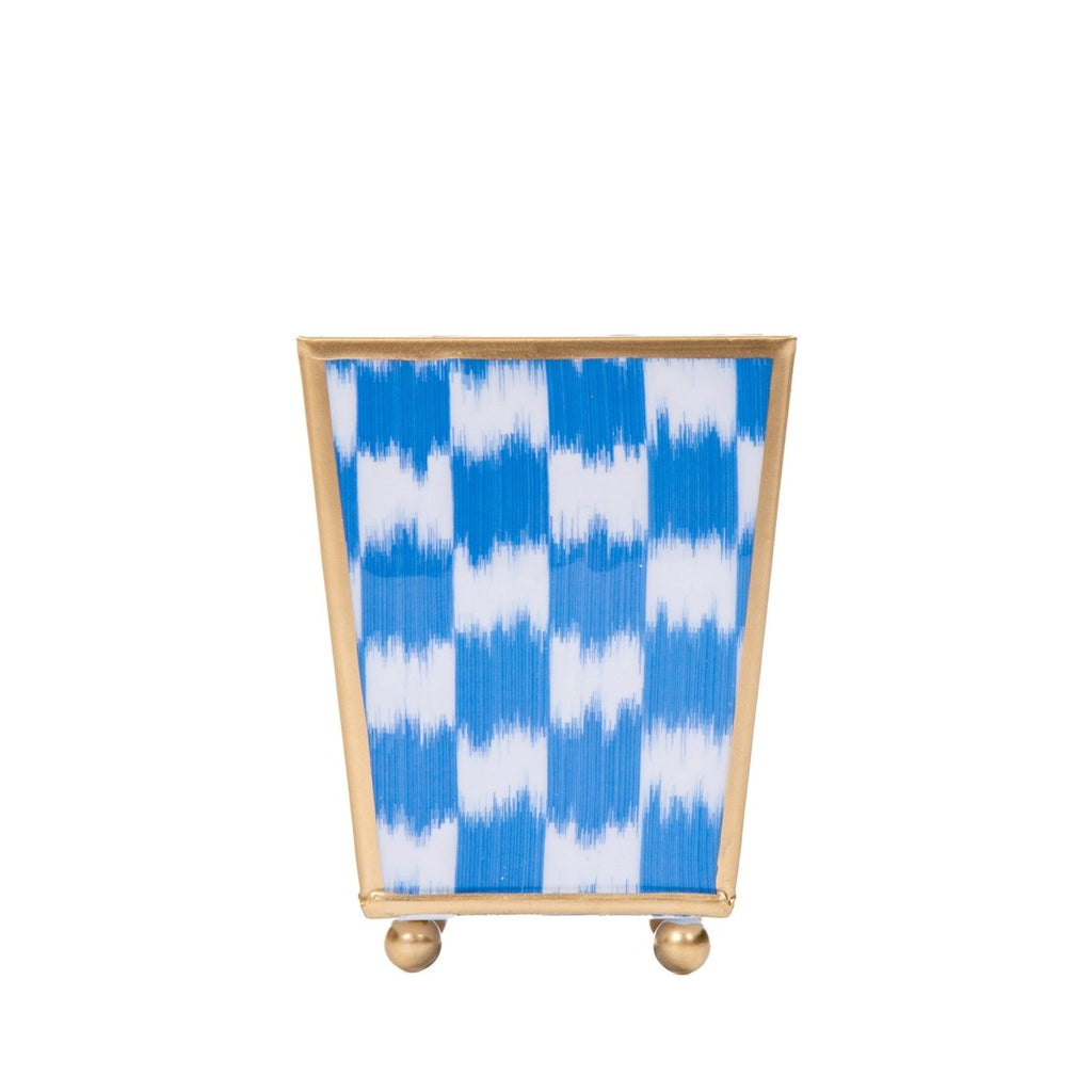 Checkered Ikat Enameled Blue / Light Blue Square Metal Cachepot Planter for Bedroom, Office, Kitchen, Living Room - Hostess Gifts - Cachepots from Jaye's Studio