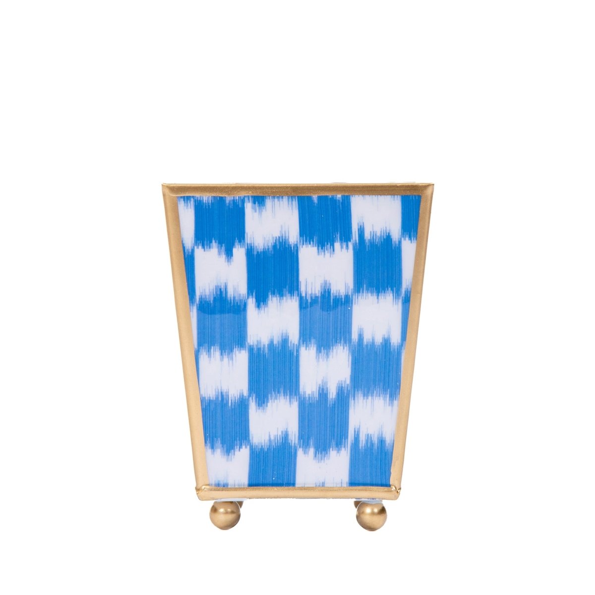 Checkered Ikat Enameled Blue / Light Blue Square Metal Cachepot Planter for Bedroom, Office, Kitchen, Living Room - Hostess Gifts - Cachepots from Jaye's Studio