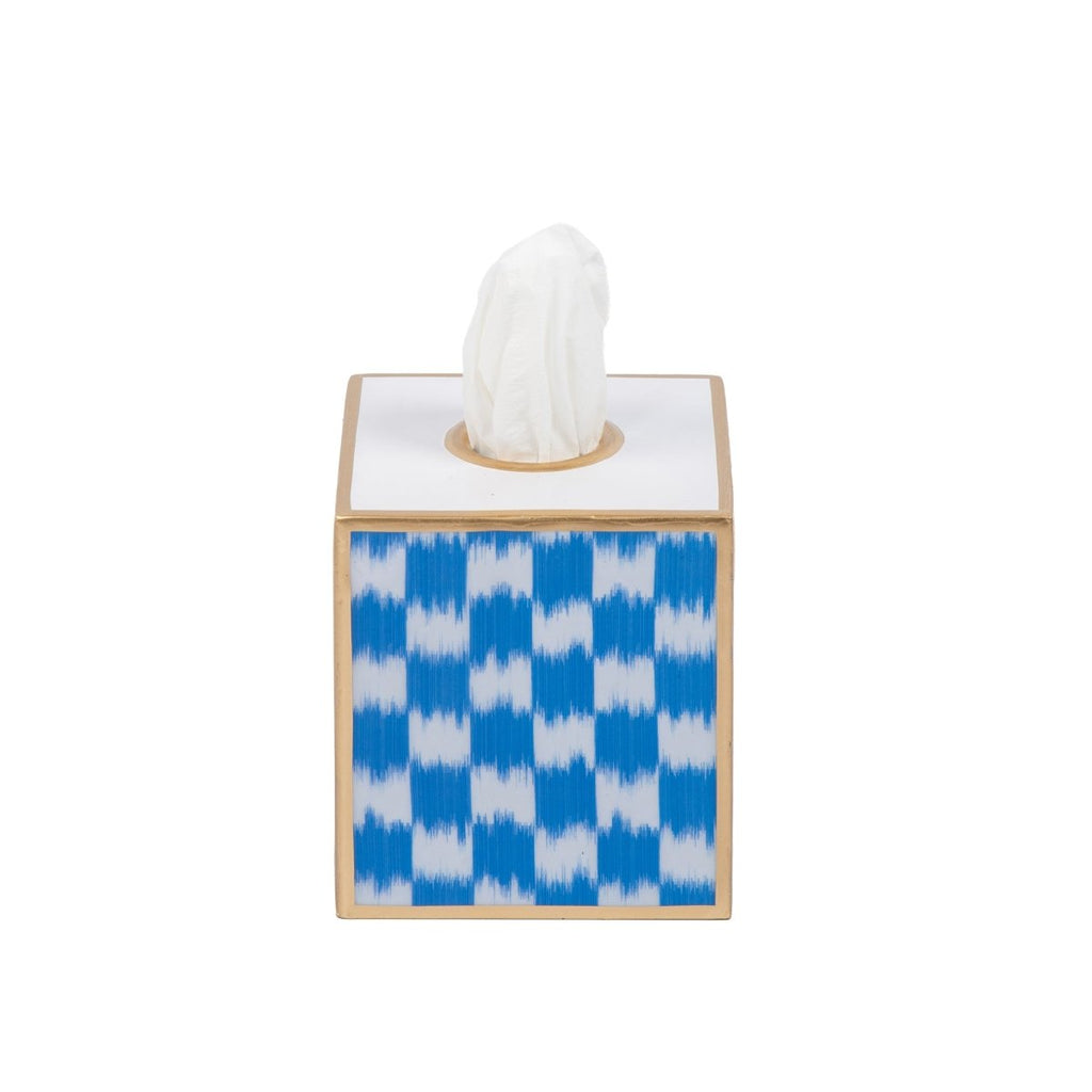Checkered Ikat Enameled Light Blue Square Metal Tissue Box Cover for Bathroom, Vanity, Bedroom, Home Office - Tissue Box Cover from Jaye's Studio
