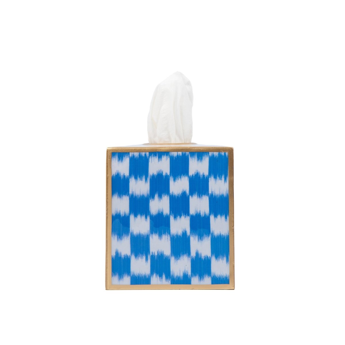 Checkered Ikat Enameled Light Blue Square Metal Tissue Box Cover for Bathroom, Vanity, Bedroom, Home Office - Tissue Box Cover from Jaye's Studio