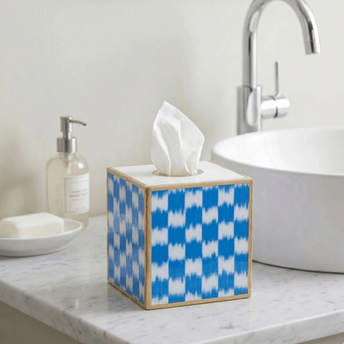 Checkered Ikat Enameled Light Blue Square Metal Tissue Box Cover for Bathroom, Vanity, Bedroom, Home Office - Tissue Box Cover from Jaye's Studio