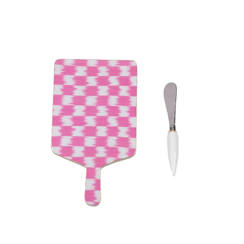 Checkered Ikat Enameled Pink Charcuterie Board, Wooden Cutting Board, Serving and Chopping Board for Food & Meat Prep - Charcuterie Board from Jaye's Studio