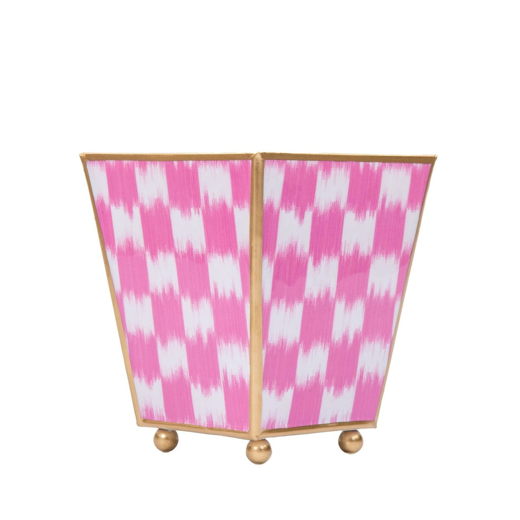 Checkered Ikat Enameled Pink Square Metal Cachepot Planter for Bedroom, Office, Kitchen, Living Room - Hostess Gifts - Cachepots from Jaye's Studio