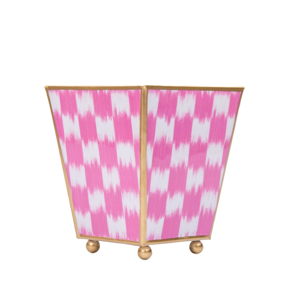 Checkered Ikat Enameled Pink Square Metal Cachepot Planter for Bedroom, Office, Kitchen, Living Room - Hostess Gifts - Cachepots from Jaye's Studio
