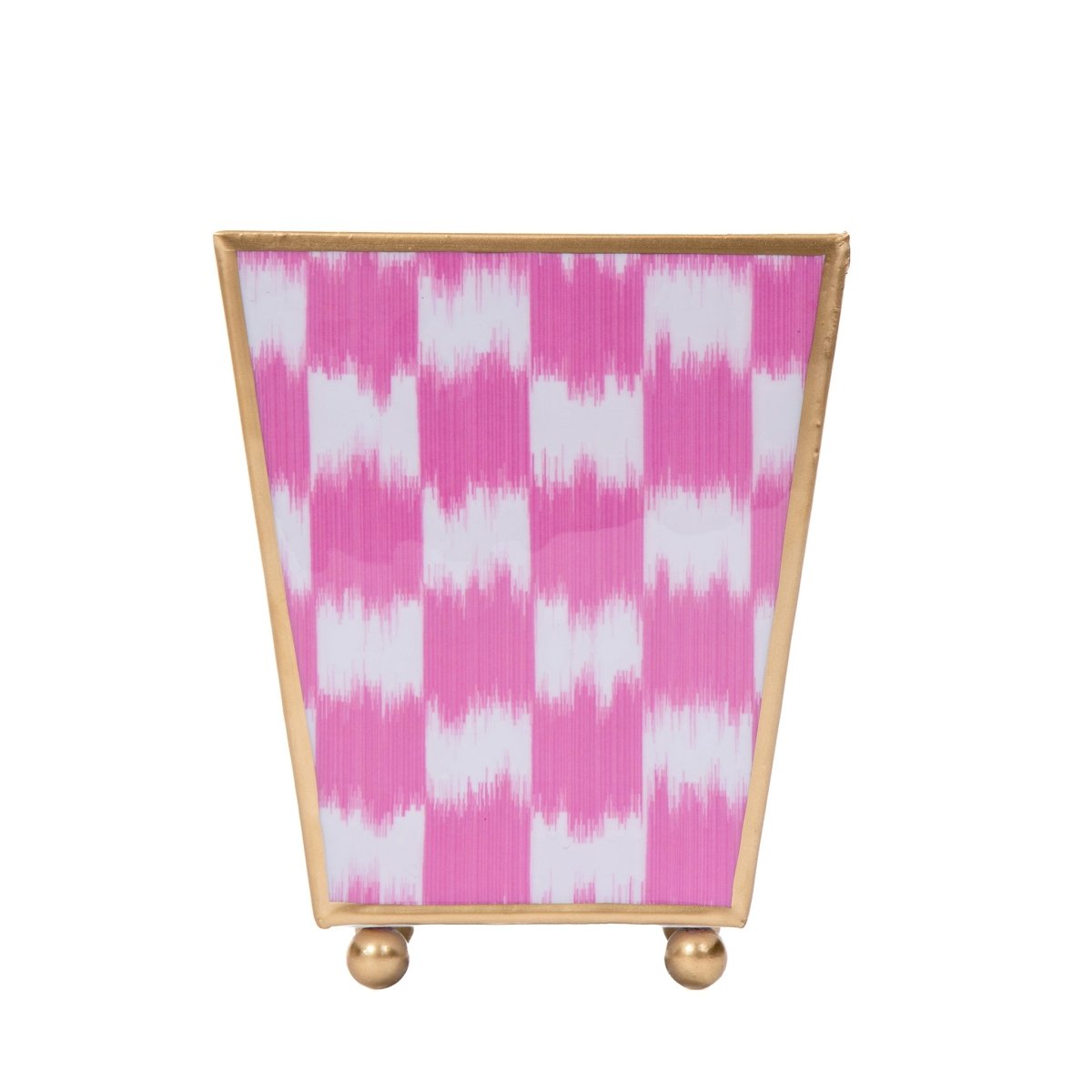 Checkered Ikat Enameled Pink Square Metal Cachepot Planter for Bedroom, Office, Kitchen, Living Room - Hostess Gifts - Cachepots from Jaye's Studio