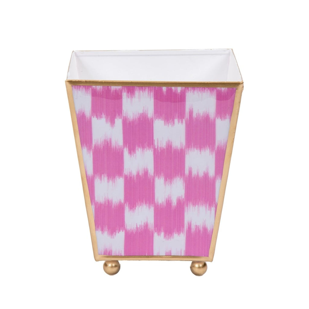 Checkered Ikat Enameled Pink Square Metal Cachepot Planter for Bedroom, Office, Kitchen, Living Room - Hostess Gifts - Cachepots from Jaye's Studio