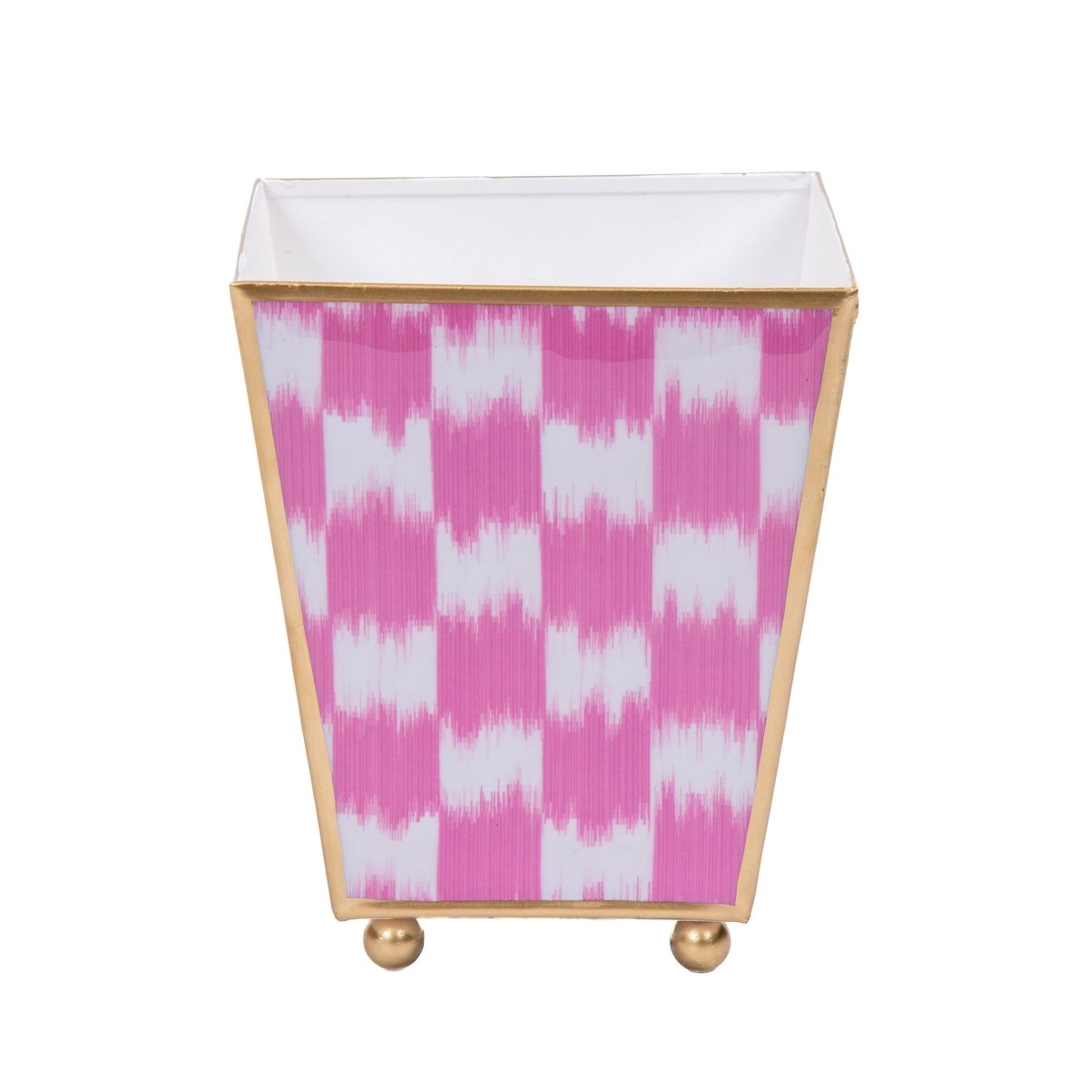 Checkered Ikat Enameled Pink Square Metal Cachepot Planter for Bedroom, Office, Kitchen, Living Room - Hostess Gifts - Cachepots from Jaye's Studio