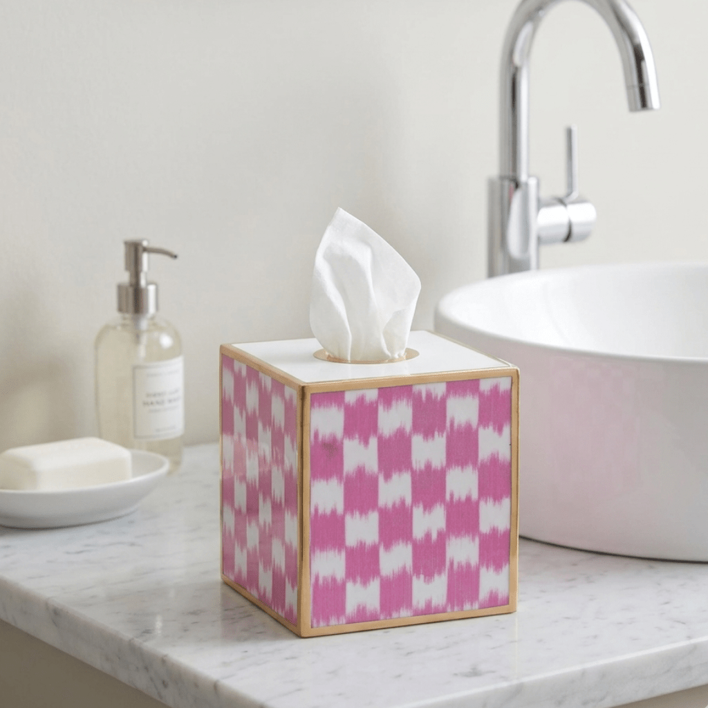 Checkered Ikat Enameled Pink Square Metal Tissue Box Cover for Bathroom, Vanity, Bedroom, Home Office - Tissue Box Cover from Jaye's Studio
