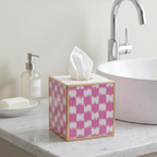 Checkered Ikat Enameled Pink Square Metal Tissue Box Cover for Bathroom, Vanity, Bedroom, Home Office - Tissue Box Cover from Jaye's Studio