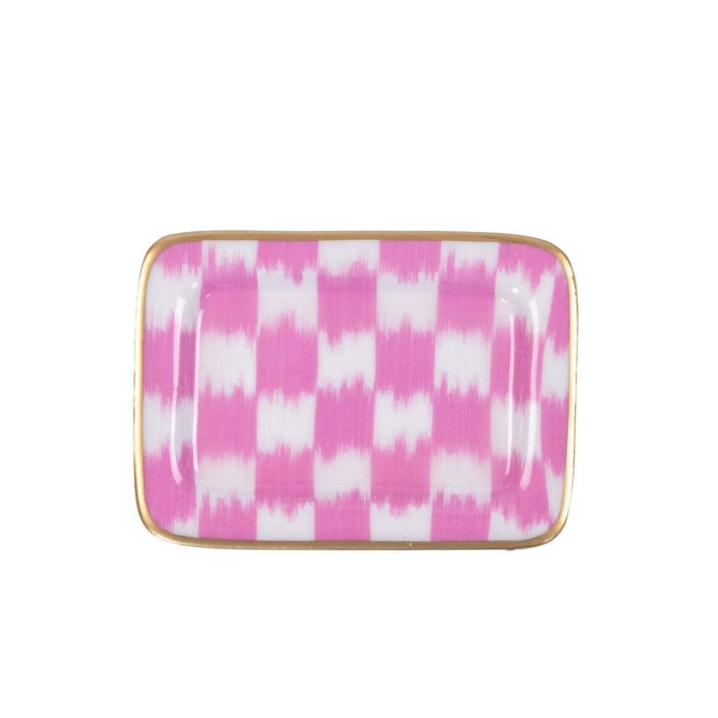 Checkered Ikat Pink Enameled Rectangle Soap Dish, Catch All Tray, Jewelry Tray for Bathroom, Vanity, Sink - Decorative Laney Tray - Trinket Trays from Jaye's Studio