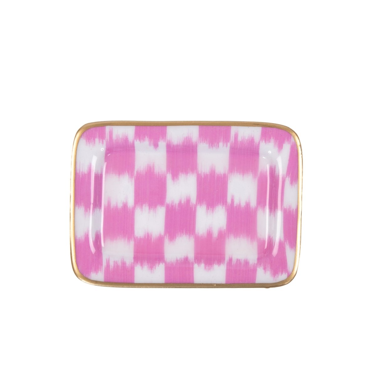 Checkered Ikat Pink Enameled Rectangle Soap Dish, Catch All Tray, Jewelry Tray for Bathroom, Vanity, Sink - Decorative Laney Tray - Trinket Trays from Jaye's Studio