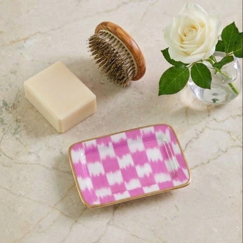 Checkered Ikat Pink Enameled Rectangle Soap Dish, Catch All Tray, Jewelry Tray for Bathroom, Vanity, Sink - Decorative Laney Tray - Trinket Trays from Jaye's Studio