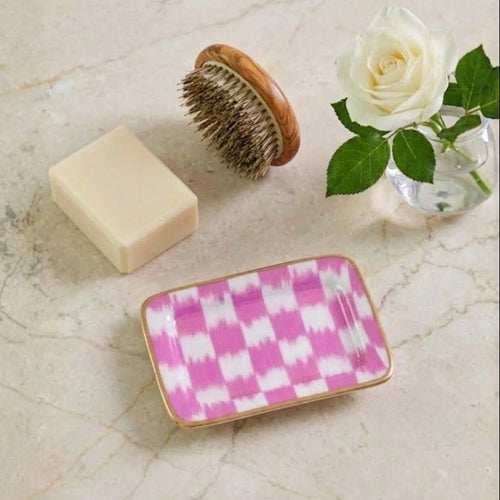 Checkered Ikat Pink Enameled Rectangle Soap Dish, Catch All Tray, Jewelry Tray for Bathroom, Vanity, Sink - Decorative Laney Tray - Trinket Trays from Jaye's Studio