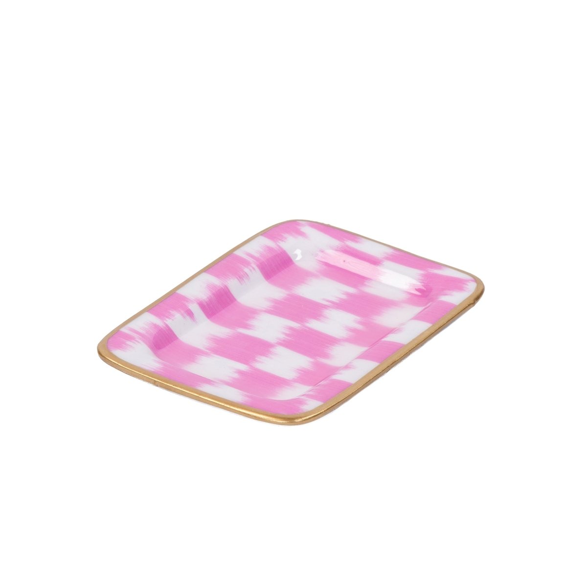 Checkered Ikat Pink Enameled Rectangle Soap Dish, Catch All Tray, Jewelry Tray for Bathroom, Vanity, Sink - Decorative Laney Tray - Trinket Trays from Jaye's Studio