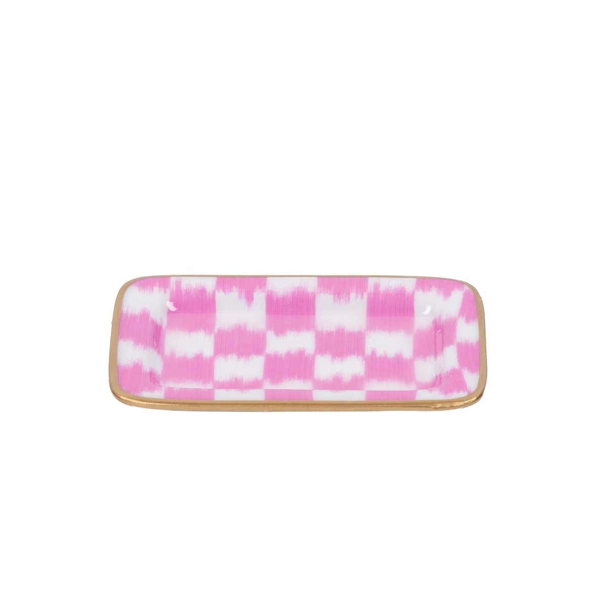 Checkered Ikat Pink Enameled Rectangle Soap Dish, Catch All Tray, Jewelry Tray for Bathroom, Vanity, Sink - Decorative Laney Tray - Trinket Trays from Jaye's Studio