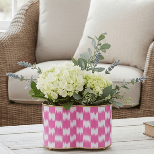 Checkered Ikat Pink Quatrefoil Metal Cachepot Planter For Bedroom, Office, Kitchen and Living Room - Cachepots from Jaye's Studio