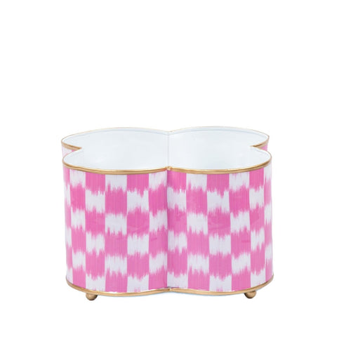 Checkered Ikat Pink Quatrefoil Metal Cachepot Planter For Bedroom, Office, Kitchen and Living Room - Cachepots from Jaye's Studio