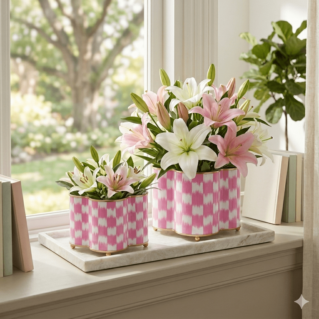 Checkered Ikat Pink Quatrefoil Metal Cachepot Planter For Bedroom, Office, Kitchen and Living Room - Cachepots from Jaye's Studio