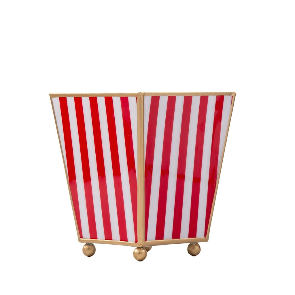 Classic Stripe Enameled Red and Green Square Metal Cachepot Planter for Bedroom, Home Office, Kitchen, Living Room - from Jaye's Studio