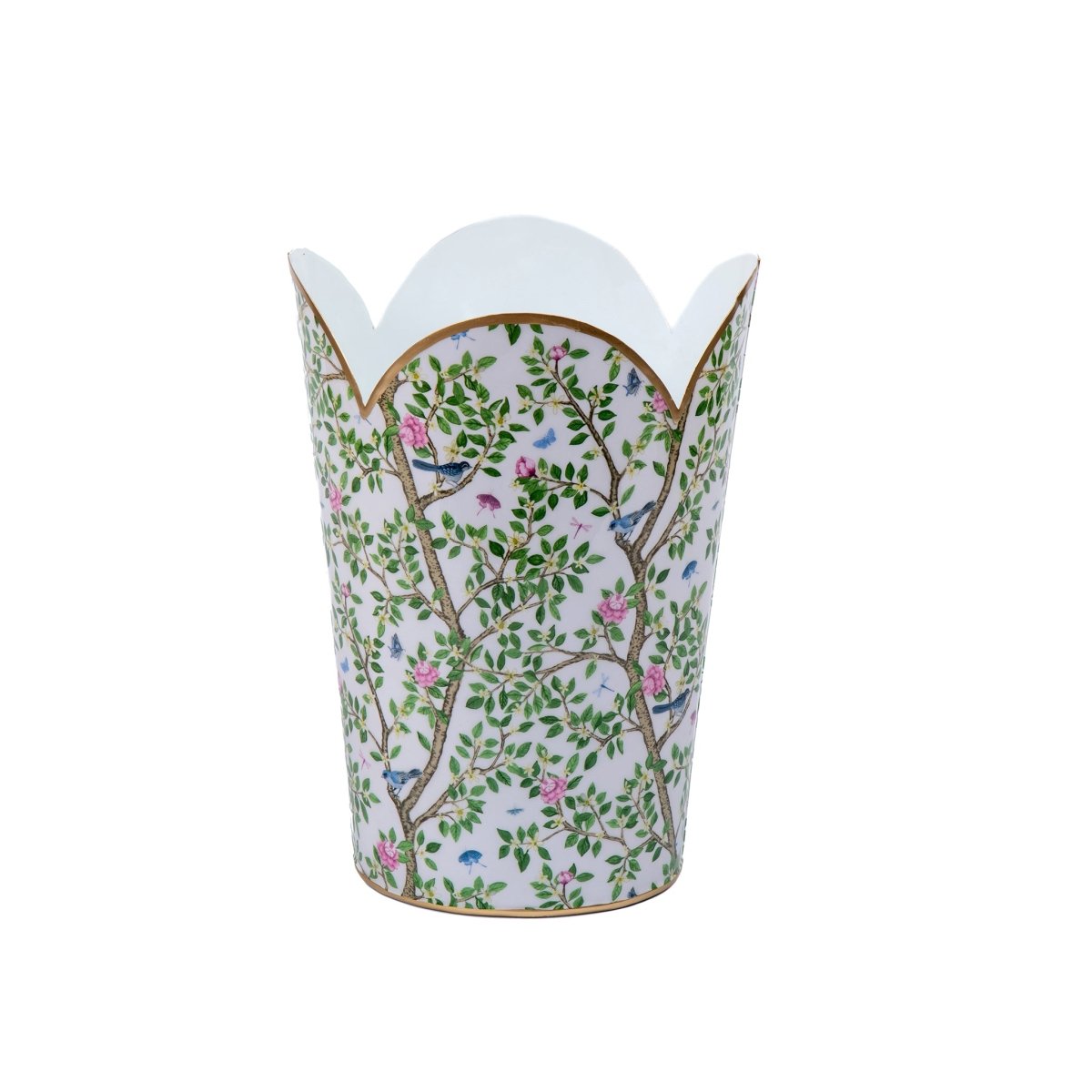 Elise Garden Blue and Pink Enameled Bathroom Trash Can, Wastebasket, Dustbin for Bedroom, Home Office, Vanity - Tulip Shape without Lid - Avail 02/22 - Wastebaskets from Jaye's Studio