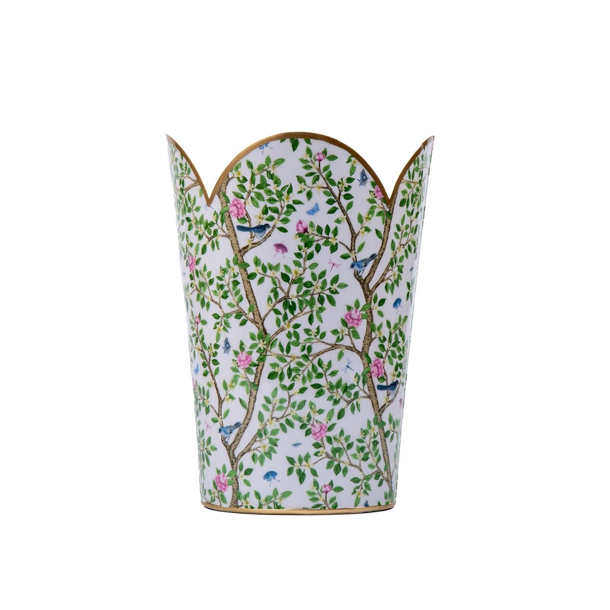 Elise Garden Blue and Pink Enameled Bathroom Trash Can, Wastebasket, Dustbin for Bedroom, Home Office, Vanity - Tulip Shape without Lid - Avail 02/22 - Wastebaskets from Jaye's Studio