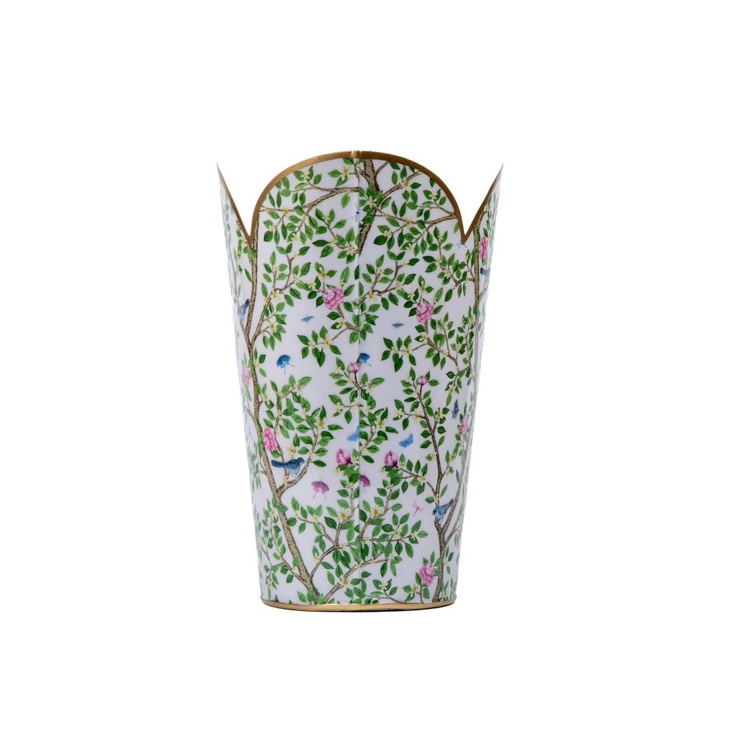 Elise Garden Blue and Pink Enameled Bathroom Trash Can, Wastebasket, Dustbin for Bedroom, Home Office, Vanity - Tulip Shape without Lid - Avail 02/22 - Wastebaskets from Jaye's Studio