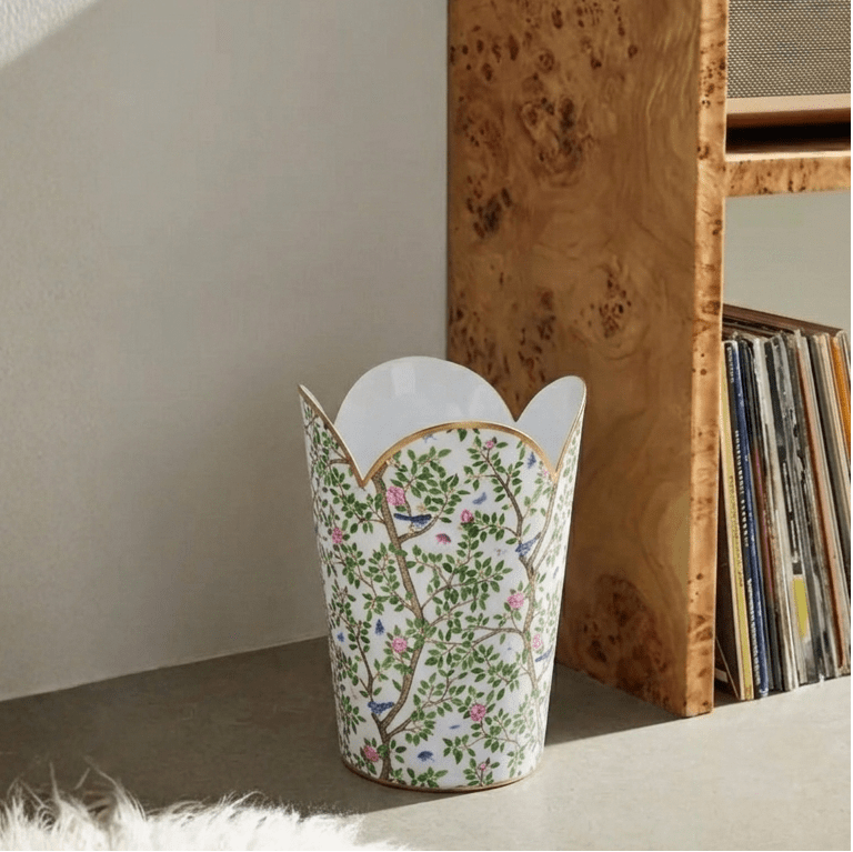 Elise Garden Blue and Pink Enameled Bathroom Trash Can, Wastebasket, Dustbin for Bedroom, Home Office, Vanity - Tulip Shape without Lid - Avail 05/12 - Wastebaskets from Jaye's Studio