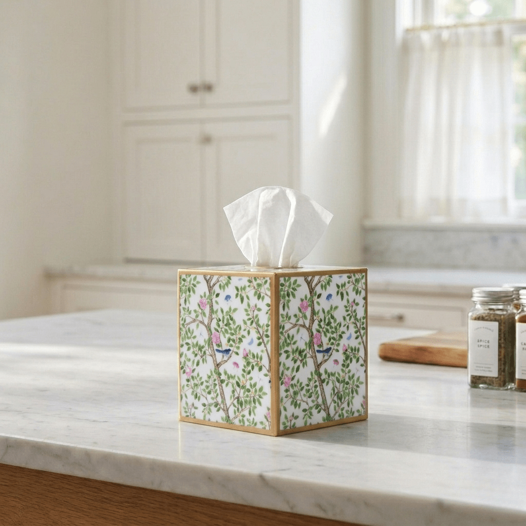 Elsie's Garden Blue and Pink Enameled Multi - Color Square Metal Tissue Box Cover for Bathroom, Vanity, Bedroom, Home Office - Tissue Box Cover from Jaye's Studio