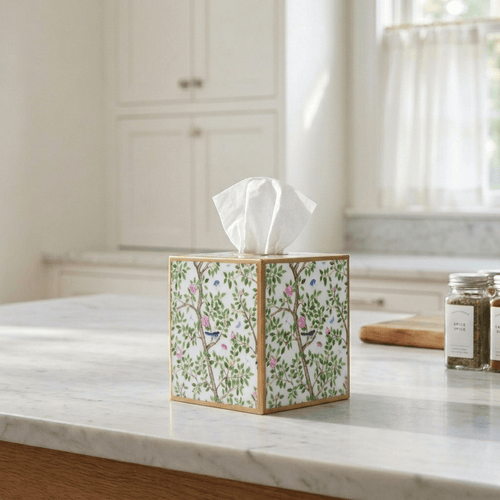 Elsie's Garden Blue and Pink Enameled Multi - Color Square Metal Tissue Box Cover for Bathroom, Vanity, Bedroom, Home Office - Tissue Box Cover from Jaye's Studio