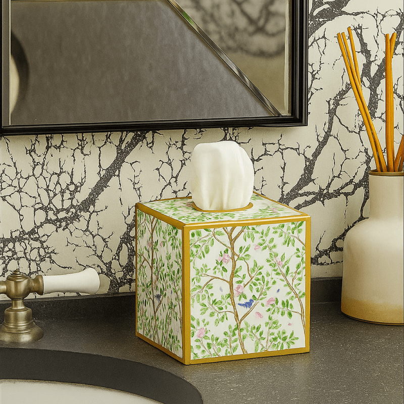 Elsie's Garden Blue and Pink Enameled Multi - Color Square Metal Tissue Box Cover for Bathroom, Vanity, Bedroom, Home Office - Tissue Box Cover from Jaye's Studio