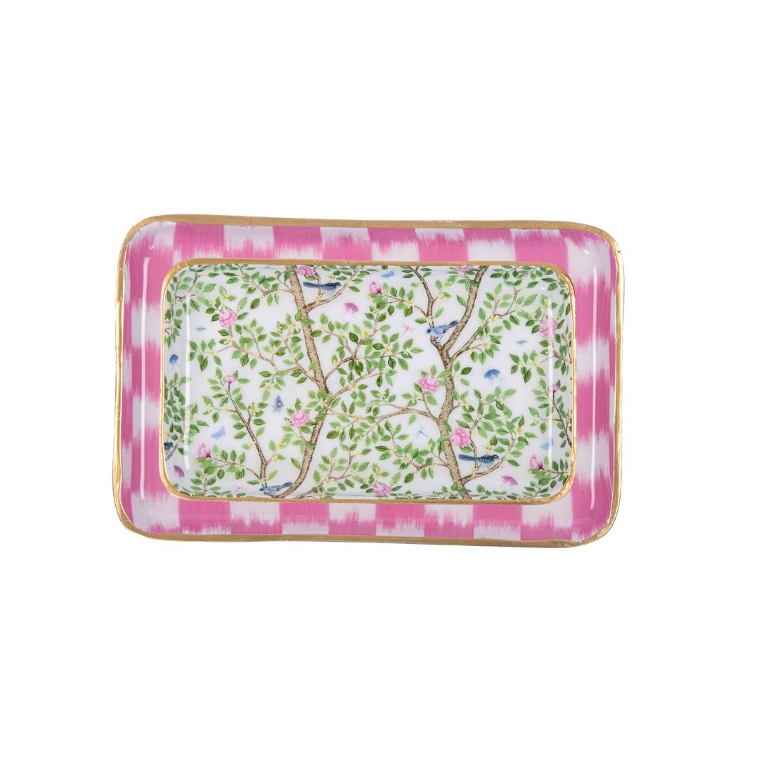 Elsie's Garden Blue and Pink Enameled Set of 2 Rectangle Vanity Trays, Catch All Trays - Rowan Decorative Trays - Decorative Trays from Jaye's Studio