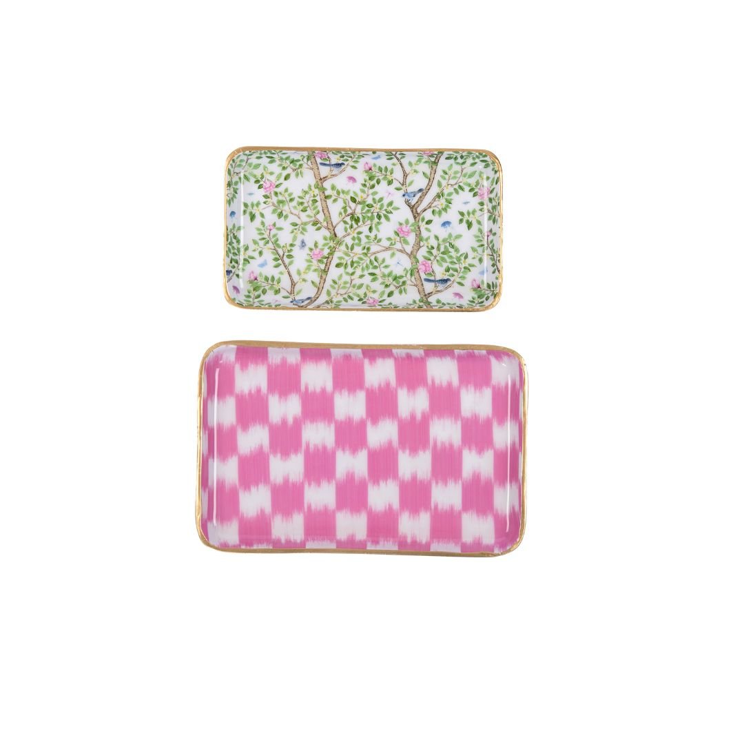 Elsie's Garden Blue and Pink Enameled Set of 2 Rectangle Vanity Trays, Catch All Trays - Rowan Decorative Trays - Decorative Trays from Jaye's Studio