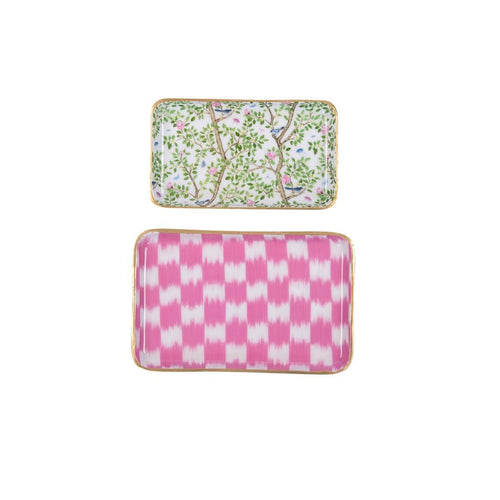 Elsie's Garden Blue and Pink Enameled Set of 2 Rectangle Vanity Trays, Catch All Trays - Rowan Decorative Trays - Decorative Trays from Jaye's Studio