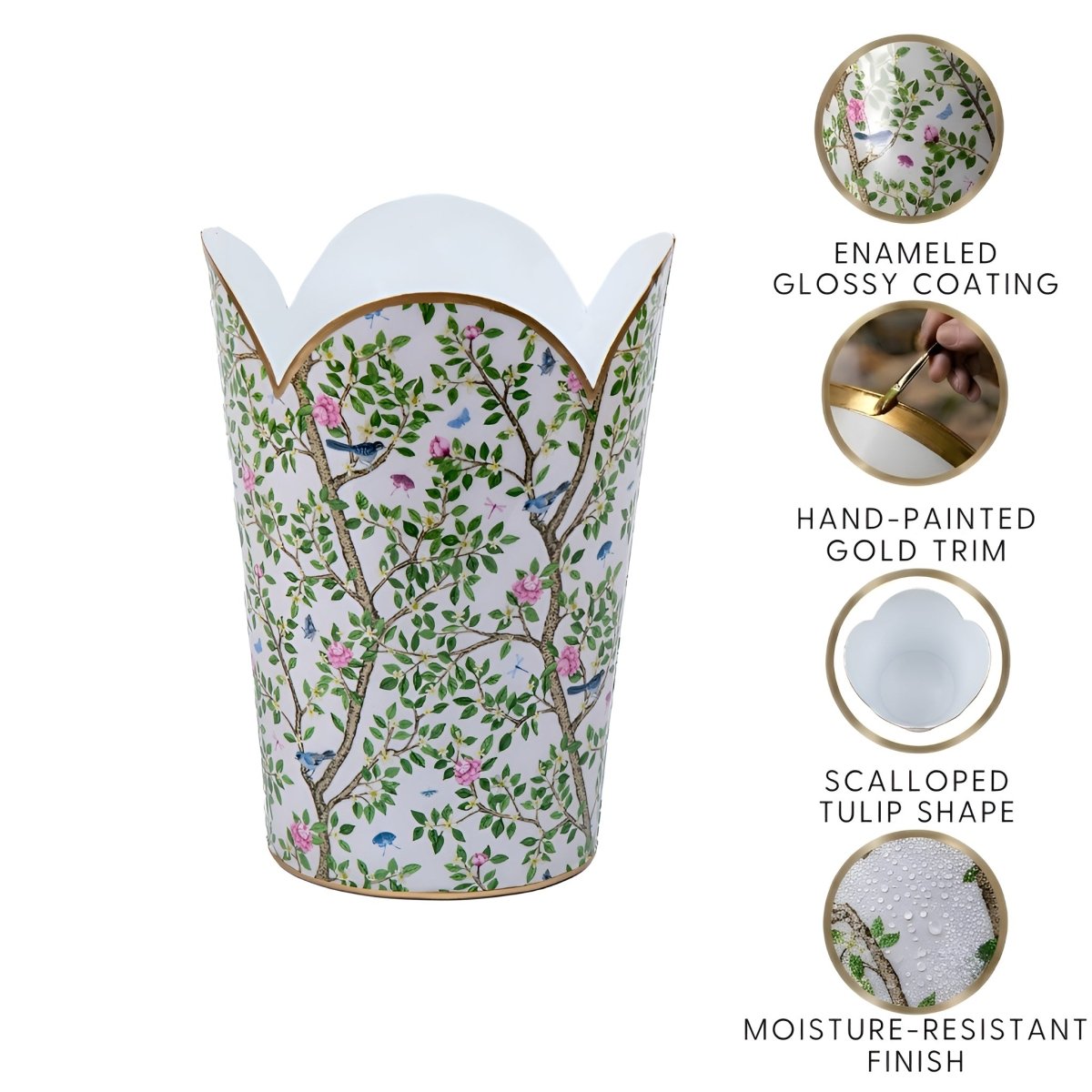 Elsie's Garden Enameled Tulip Wastebasket - Wastebaskets from Jaye's Studio