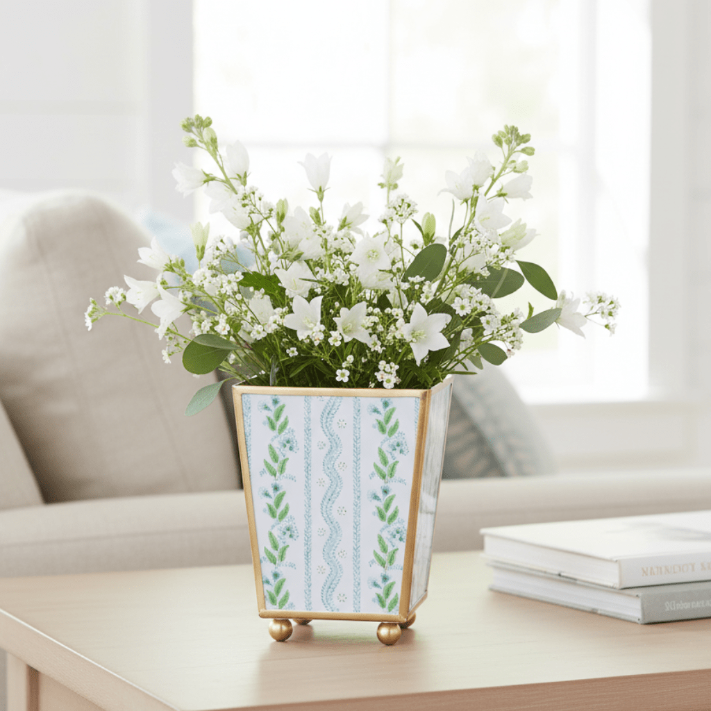 Emma Stripe Blue and Green - Color Enameled Square Metal Cachepot Planter for Bedroom, Office, Kitchen, Living Room - Hostess Gifts - Cachepots from Jaye's Studio