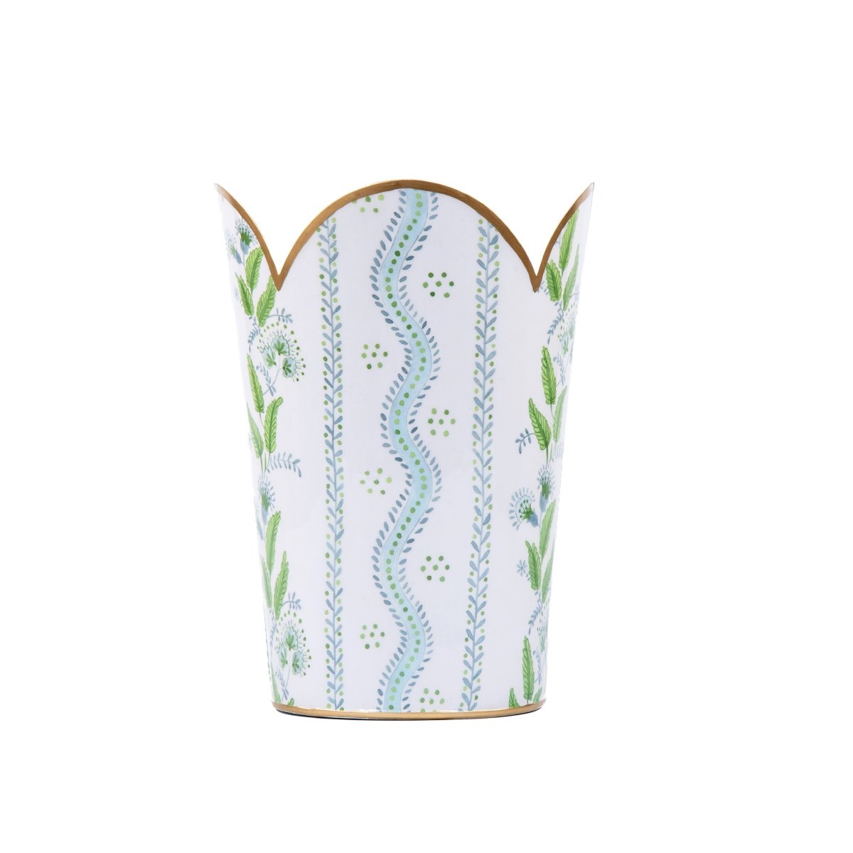 Emma Stripe Blue and Green Enameled Bathroom Trash Can, Wastebasket, Dustbin for Bedroom, Home Office, Vanity - Tulip Shape without Lid - Avail 02/22 - Wastebaskets from Jaye's Studio