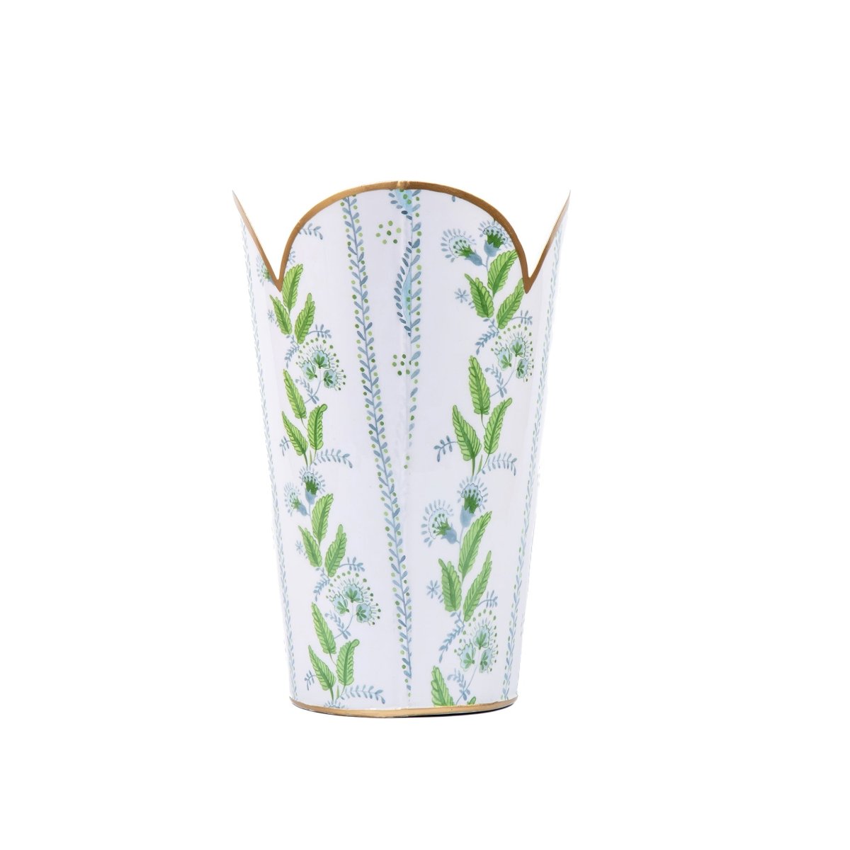 Emma Stripe Blue and Green Enameled Bathroom Trash Can, Wastebasket, Dustbin for Bedroom, Home Office, Vanity - Tulip Shape without Lid - Avail 02/22 - Wastebaskets from Jaye's Studio