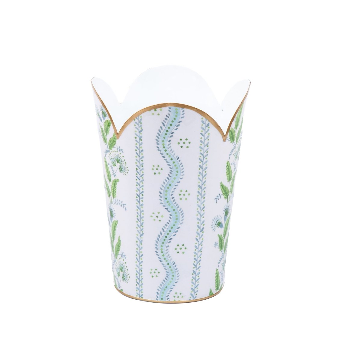 Emma Stripe Blue and Green Enameled Bathroom Trash Can, Wastebasket, Dustbin for Bedroom, Home Office, Vanity - Tulip Shape without Lid - Avail 02/22 - Wastebaskets from Jaye's Studio