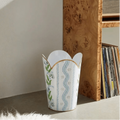 Emma Stripe Blue and Green Enameled Bathroom Trash Can, Wastebasket, Dustbin for Bedroom, Home Office, Vanity - Tulip Shape without Lid - Wastebaskets from Jaye's Studio