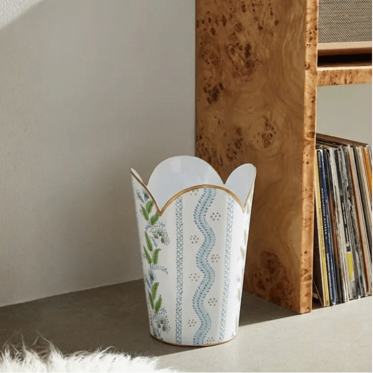 Emma Stripe Blue and Green Enameled Bathroom Trash Can, Wastebasket, Dustbin for Bedroom, Home Office, Vanity - Tulip Shape without Lid - Wastebaskets from Jaye's Studio